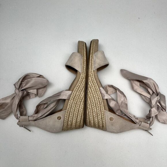 UGG Australia Trina Suede Espadrille Sandals Womens 6 Wedge Ribbon Tie Nude - Picture 10 of 13